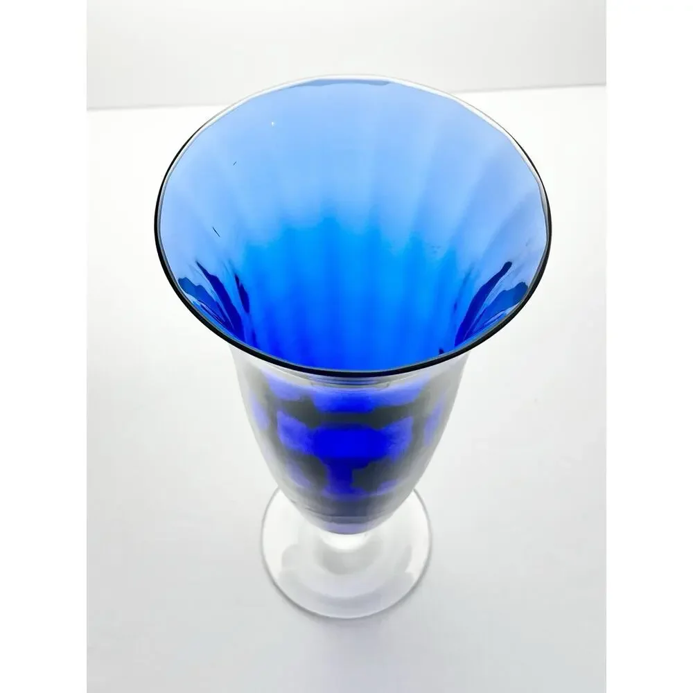 Contemporary Large Optic Footed Trumpet Flared Cobalt Blue Glass Vase 11”